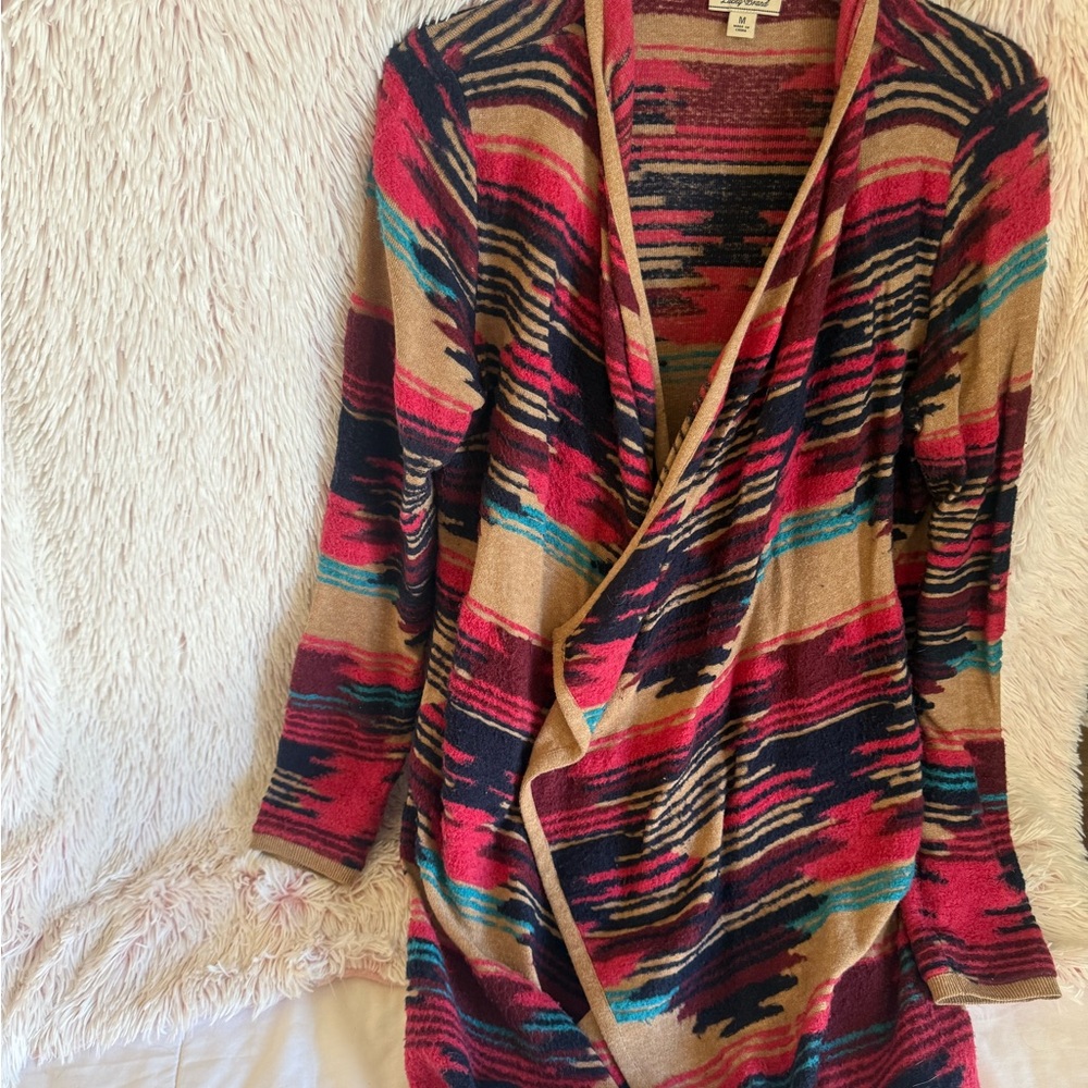 Lucky Brand Red and Blue Cardigan Sweater with Geometric Patterns